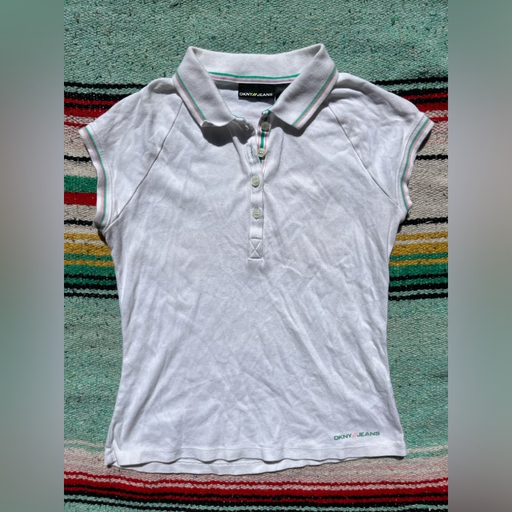 White tennis cap sleeve tank top with green and pink trim